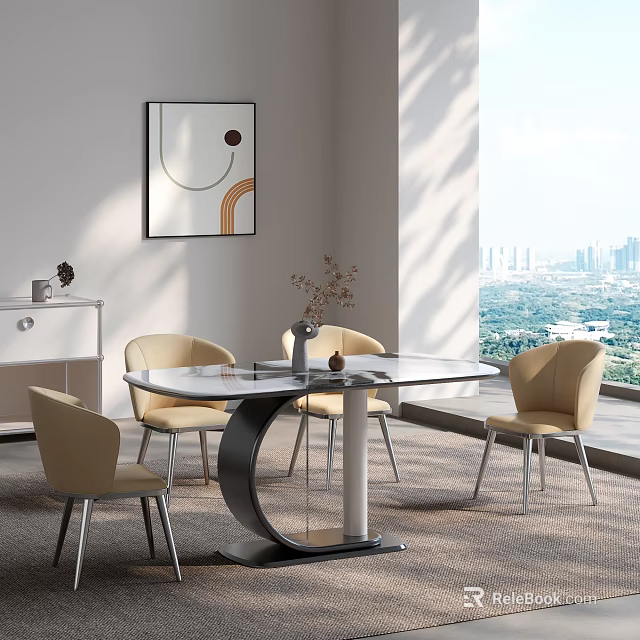 Modern Dining Table Set with Glass Top Metal Frame Upholstered Beige Chairs and City View 3d model 