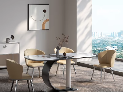 Modern Dining Table Set with Glass Top Metal Frame Upholstered Beige Chairs and City View 3d model