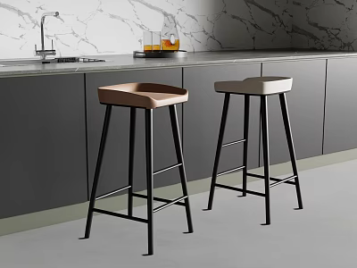 Modern Kitchen Bar Stools with Brown and Beige Seats Black Metal Legs and Marble Countertop 3d model