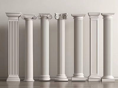 White Classical Columns With Various Capital Designs Displayed In Interior Row 3d model