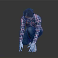 A Woman Wearing Plaid Shirt And White Gloves Squatting On Black Floor Checking Surface