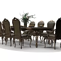 Elegant Dining Table Set with Eight Ornate Chairs and Floral Centerpiece Decoration