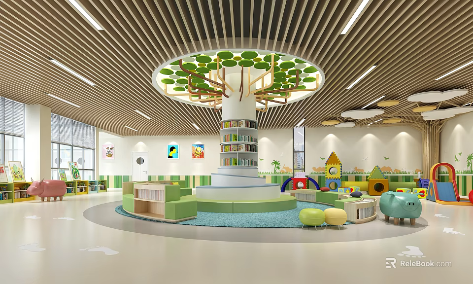 Bright Modern Kindergarten Interior With Tree Shaped Bookshelves Green Seats And Toys 3d model 