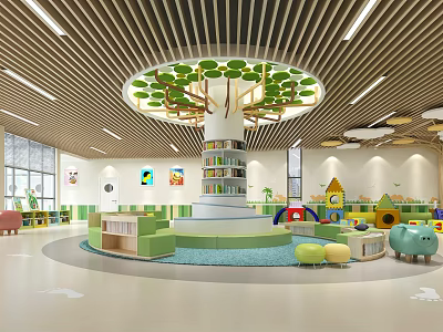 Bright Modern Kindergarten Interior With Tree Shaped Bookshelves Green Seats And Toys 3d model