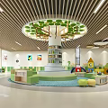 Bright Modern Kindergarten Interior With Tree Shaped Bookshelves Green Seats And Toys
