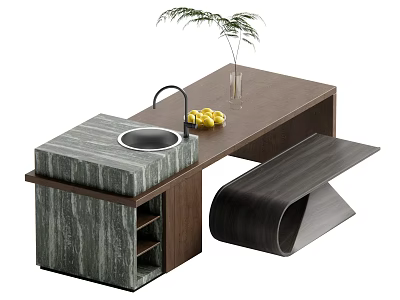 Modern Bar Counter With Marble Countertop Wooden Structure Sink And Decorative Plant 3d model