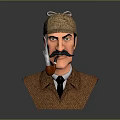 Vintage Man With Deerstalker Hat Mustache Smoking Pipe And Bust Sculpture