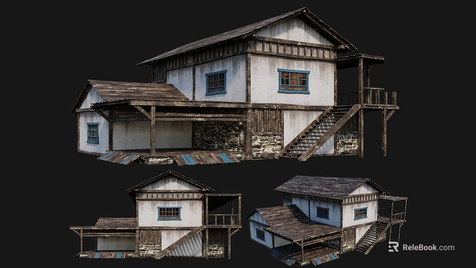 Ancient Building With Wooden Eaves Stone Walls Traditional Windows And Stairs In Multiple Views 3d model 