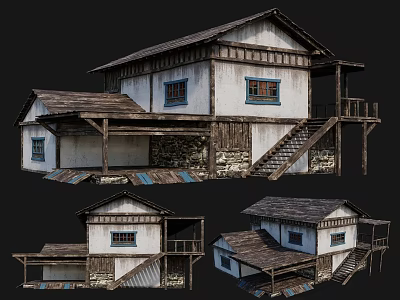 Ancient Building With Wooden Eaves Stone Walls Traditional Windows And Stairs In Multiple Views 3d model