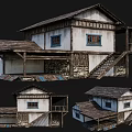 Ancient Building With Wooden Eaves Stone Walls Traditional Windows And Stairs In Multiple Views