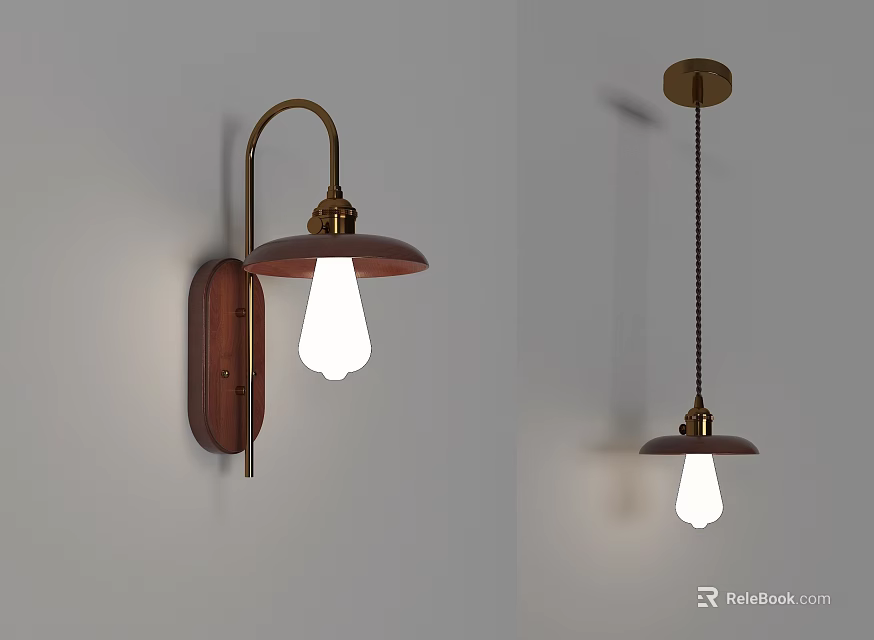 Brass Wall Mounted And Ceiling Pendant Lamp Combination With White Bulbs On White Wall 3d model 