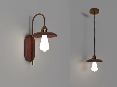 Brass Wall Mounted And Ceiling Pendant Lamp Combination With White Bulbs On White Wall 3d model