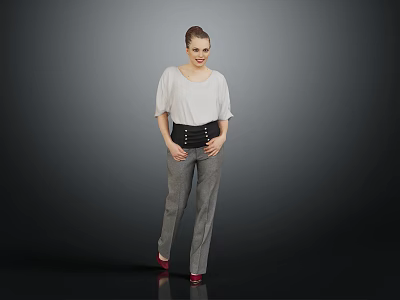 Woman Wearing Light Gray Top Black Corset Gray Pants And Red Shoes Against Dark Background 3d model