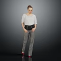 Woman Wearing Light Gray Top Black Corset Gray Pants And Red Shoes Against Dark Background