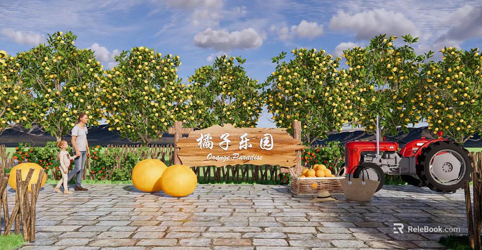 Scenic Wall With Orange Paradise Sign Surrounded By Fruit Trees And Oranges 3d model 