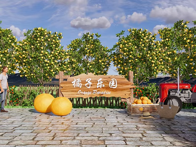 Scenic Wall With Orange Paradise Sign Surrounded By Fruit Trees And Oranges 3d model