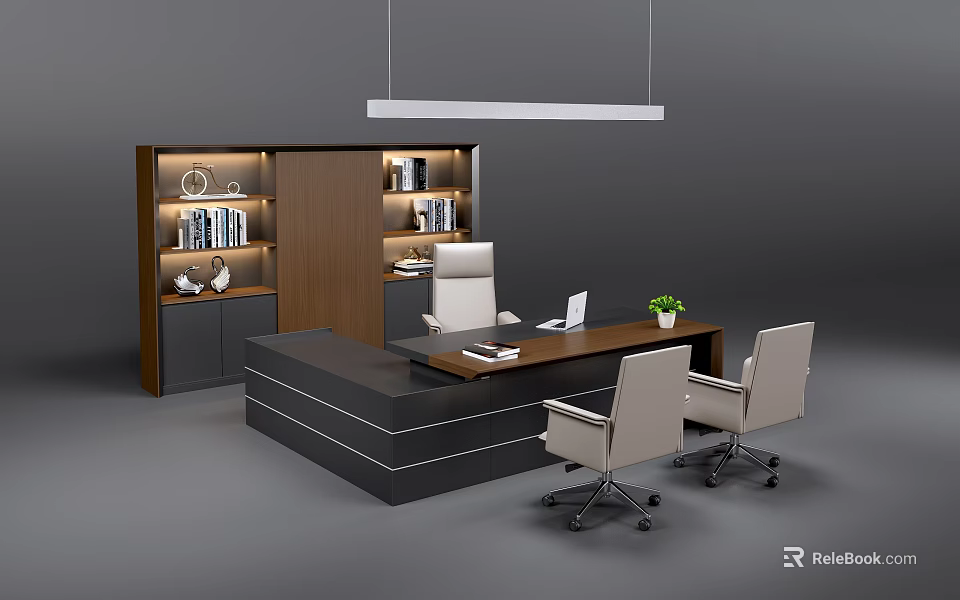 Modern Office Desk With Wooden Surface White Chairs Laptop Potted Plant And Bookshelf 3d model 
