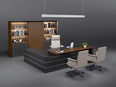 Modern Office Desk With Wooden Surface White Chairs Laptop Potted Plant And Bookshelf 3d model