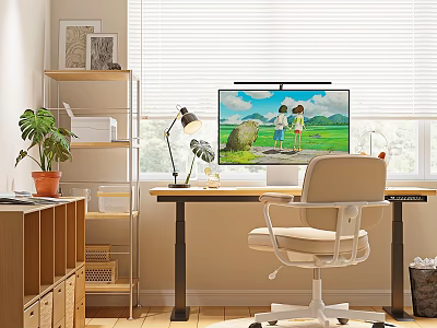 Home Office Desk With Computer Monitor Wooden Shelf Beige Chair And Potted Plant 3d model