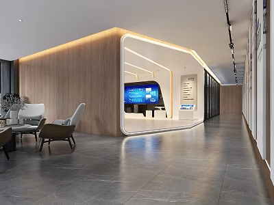 Modern Reception Area Interior Featuring Wooden Wall Large Screen Desk And Comfortable Chairs 3d model