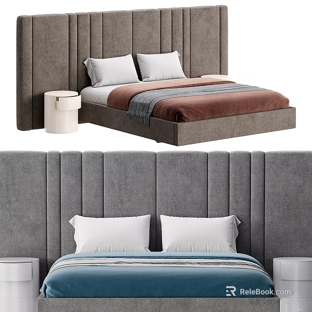Modern Double Bed With Upholstered Vertical Tufted Headboard White Pillows And Bedside Table 3d model