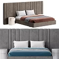 Modern Double Bed With Upholstered Vertical Tufted Headboard White Pillows And Bedside Table 3d model