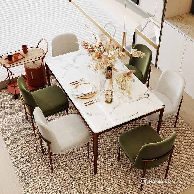 Modern Dining Table Set with Marble Top Green White Chairs and Dried Flowers Tableware 3d model 