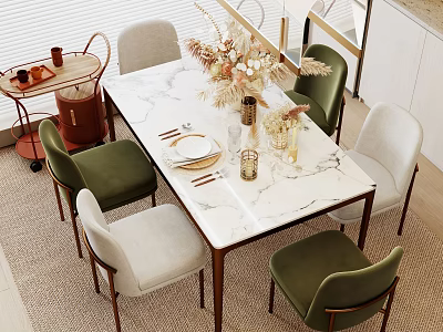 Modern Dining Table Set with Marble Top Green White Chairs and Dried Flowers Tableware 3d model