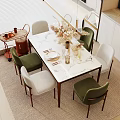 Modern Dining Table Set with Marble Top Green White Chairs and Dried Flowers Tableware