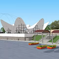 Modern Commercial Complex With Domed Roofs Water Pool Water Lilies And Colorful Steps