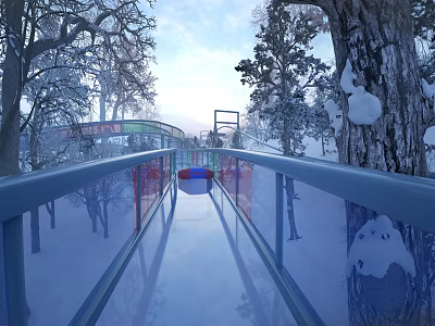 Snowy Winter Forest Landscape With Glass Walkway Transparent Railings And Snowy Trees 3d model