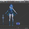 Game Movie Character With Blue White Hair Green Outfit Holding Golden Sword Purple Accessory