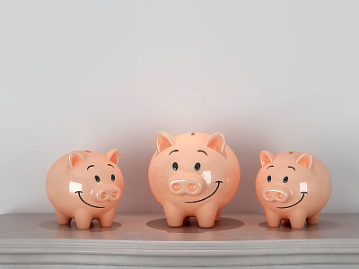 Pink Piggy Banks Decorative Ornament Set with Three Sizes and Smiling Faces for Home 3d model