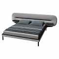 Modern Upholstered Double Bed with Curved Grey Headboard and Black Side Table