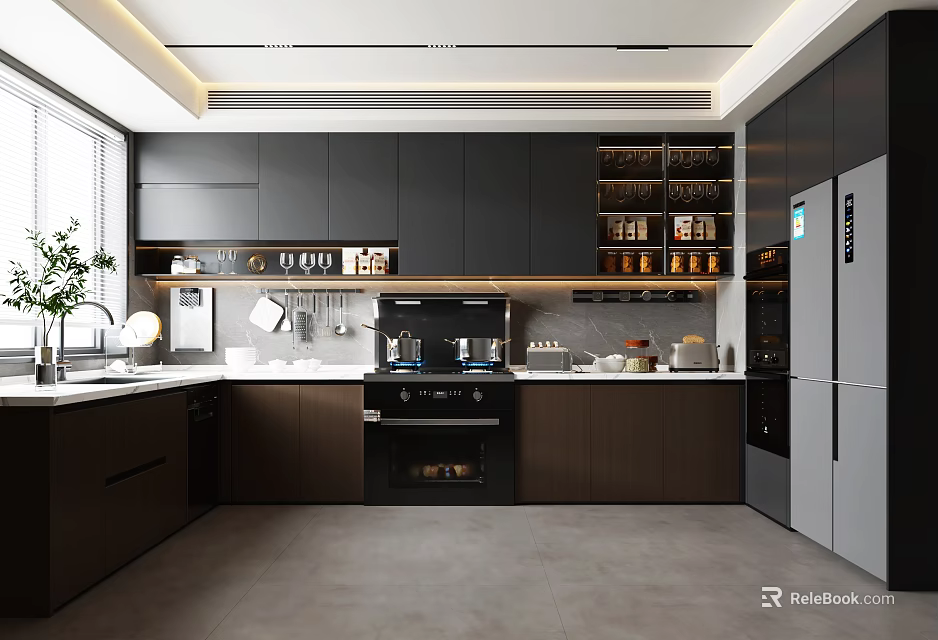 Modern Kitchen Interior With Dark Cabinets Marble Countertop And Stainless Steel Appliances 3d model 