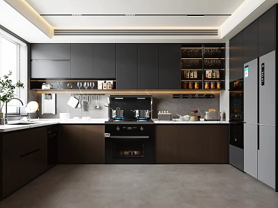 Modern Kitchen Interior With Dark Cabinets Marble Countertop And Stainless Steel Appliances 3d model