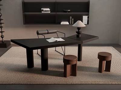 Modern Black Desk With Open Book And Table Lamp And Wooden Stools On Woven Rug 3d model