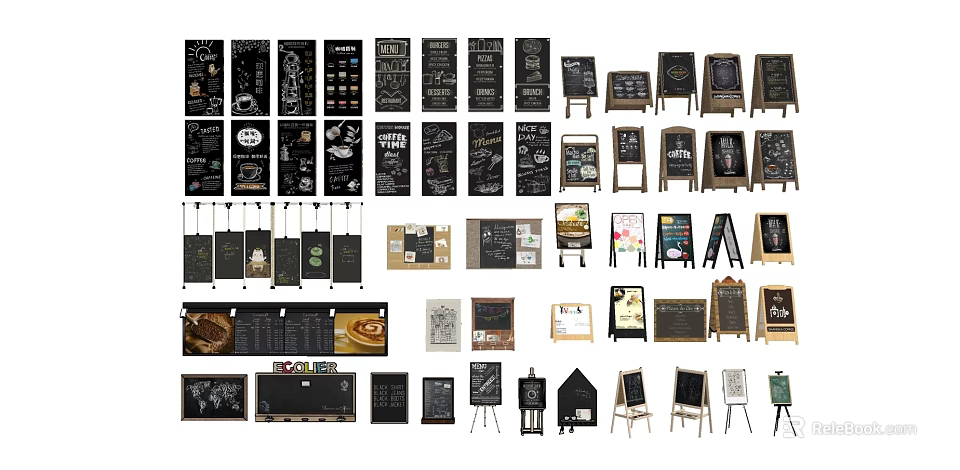 Artistic Sculpture Carving On Different Blackboard Menu Boards With Unique Styles 3d model