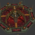 Architectural Structure With Octagonal Platform Arched Supports Red Lava Floor And Suspended Pillars
