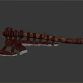 Ancient Red And Brown Crossbow With Long Body And Wooden Stand Base