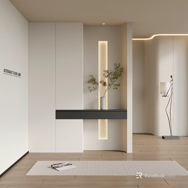 Modern Entryway Interior With White Walls Black Console Table Green Plant Vase And Lighting Strip 3d model 