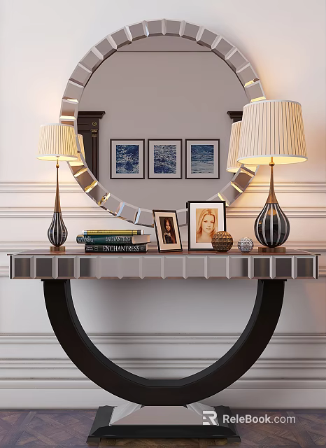 Elegant Entryway Console Table With Mirror Lamps Photo Frames Books And Decorative Items 3d model 