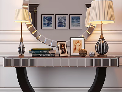 Elegant Entryway Console Table With Mirror Lamps Photo Frames Books And Decorative Items 3d model