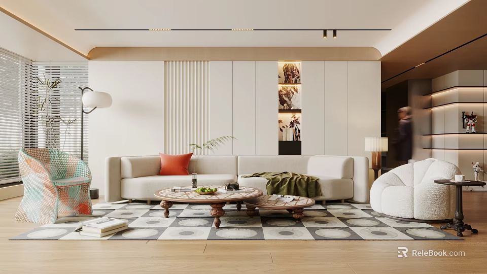 Modern Living Room Interior With Beige Sofa Orange Cushion Wooden Coffee Table And Geometric Rug 3d model 