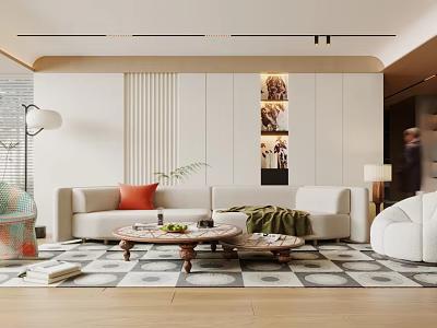 Modern Living Room Interior With Beige Sofa Orange Cushion Wooden Coffee Table And Geometric Rug 3d model