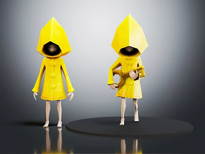 Two Characters In Yellow Hooded Raincoats Holding Guitar Standing On Platform Against Gray Background 3d model