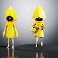 Two Characters In Yellow Hooded Raincoats Holding Guitar Standing On Platform Against Gray Background