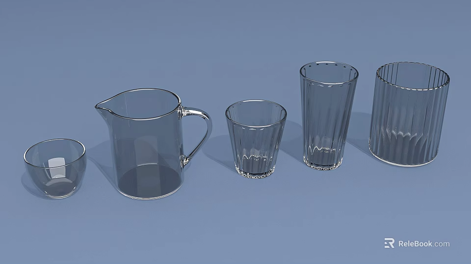 Transparent Glass Cups and Pitcher for Drinking with Various Shapes 3d model 
