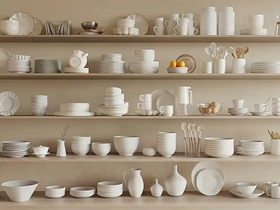 Stylish White Ceramic Tableware Collection With Plates Bowls Cups Jars On Shelves 3d model