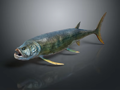 Realistic Large Blue Green Fish With Open Mouth Yellow Fins And Tail On Gray Background 3d model